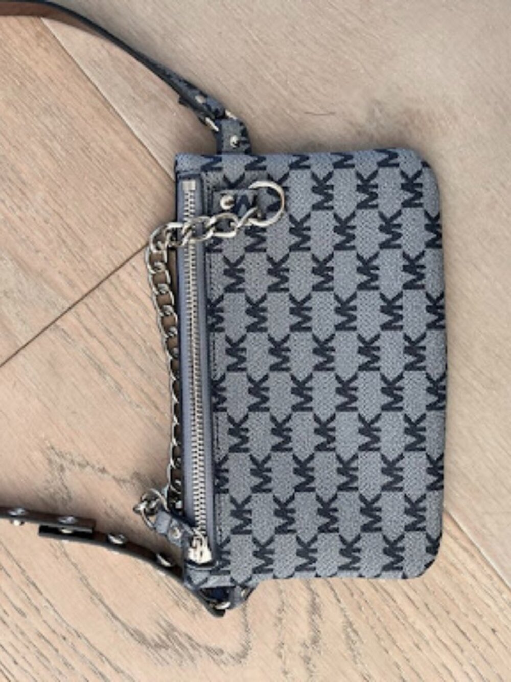Michael Kors MK Monogram Jacquard Chain Strap Shoulder Bag Black Grey